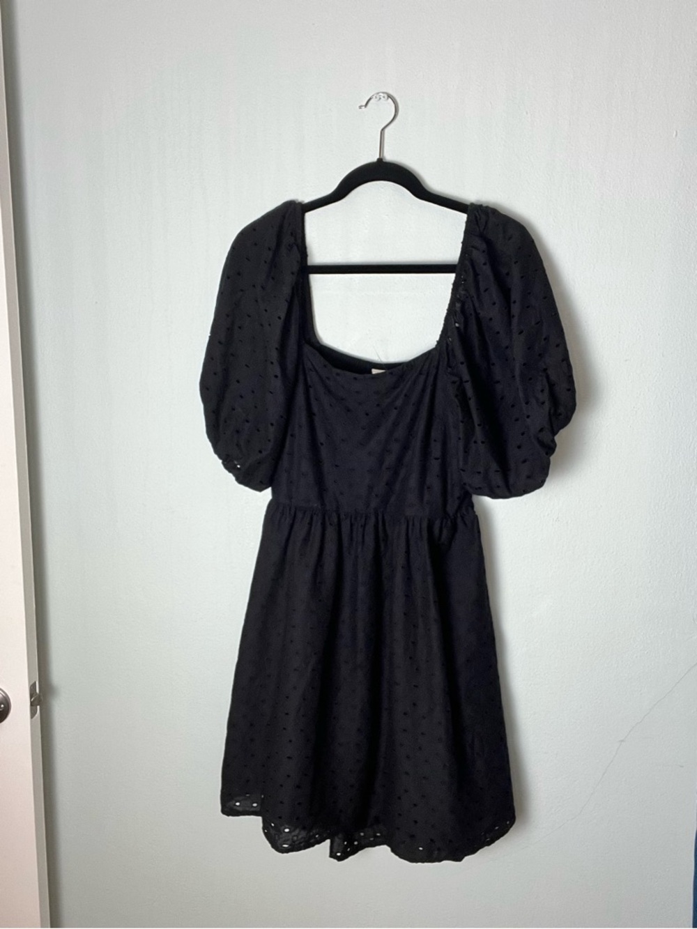 a new day Black Puff Sleeve Eyelet Mini Dress